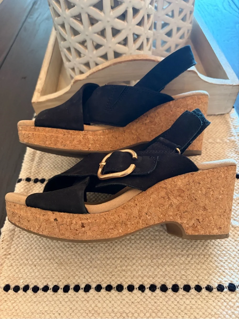 Clarks Black Wedge Sandals with Buckle